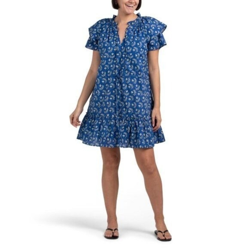 Elizabeth James The Label Dress Womens XL Blue Floral Ruffle Tiered Cotton Boho